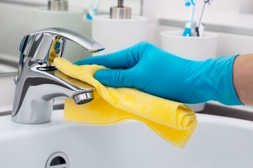 Professional cleaner sanitizing an Airbnb bathroom